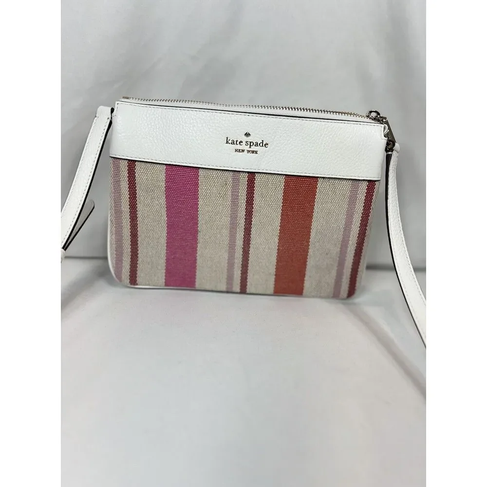 Kate‎ Spade Leila Triple Gusset Canvas Leather Crossbody Pink White Stripe SMALL
